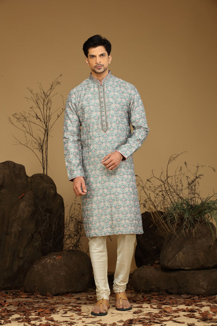 Teal Green And Peach Printed Festive Kurta Set For Men