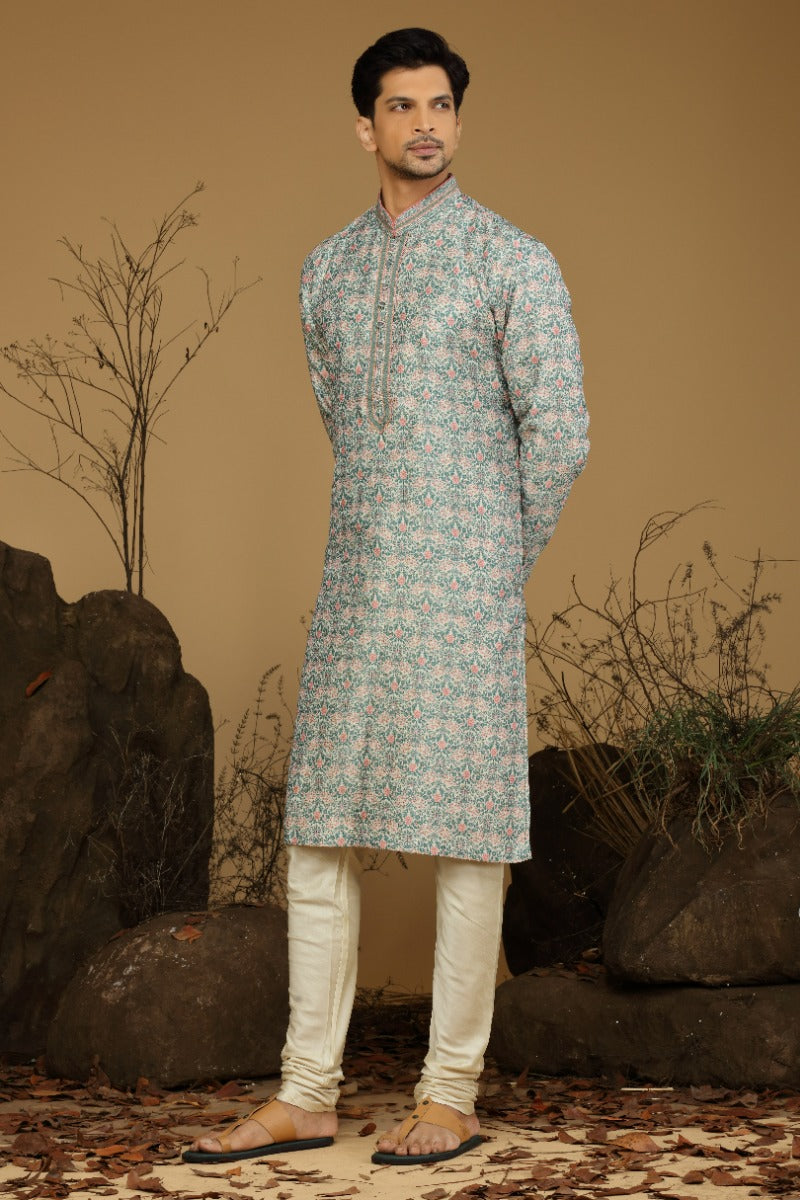 Teal Green And Peach Printed Festive Kurta Set For Men