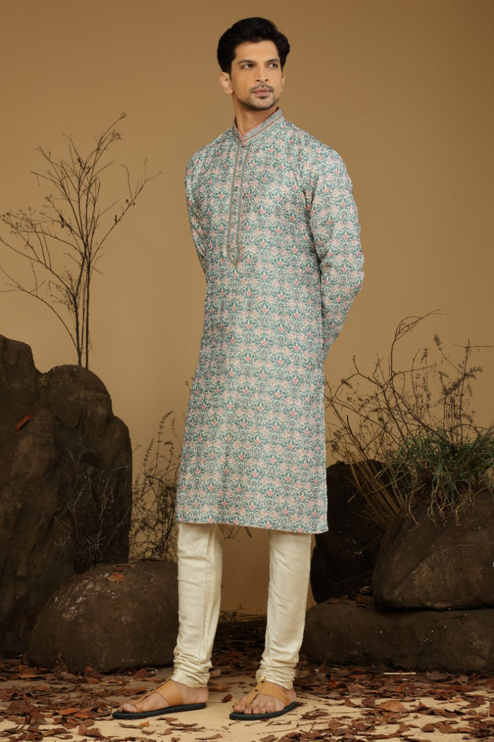 Teal Green And Peach Printed Festive Kurta Set For Men