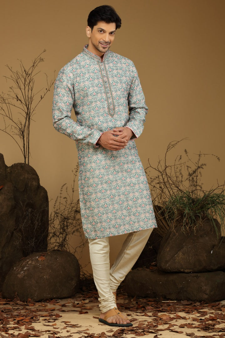 Teal Green And Peach Printed Festive Kurta Set For Men