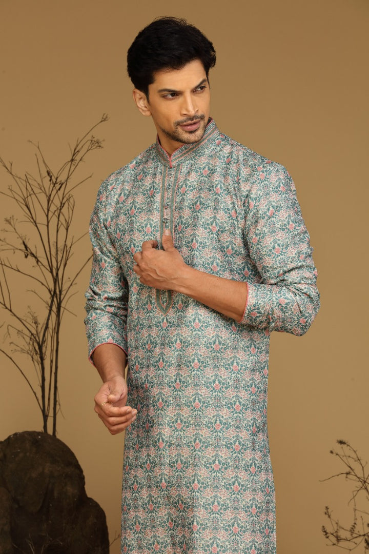 Teal Green And Peach Printed Festive Kurta Set For Men