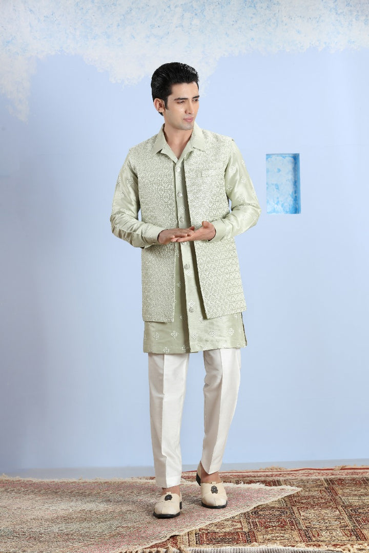 Pearl Olive Green Embroidered Collar Kurta Set With Bandi Jacket