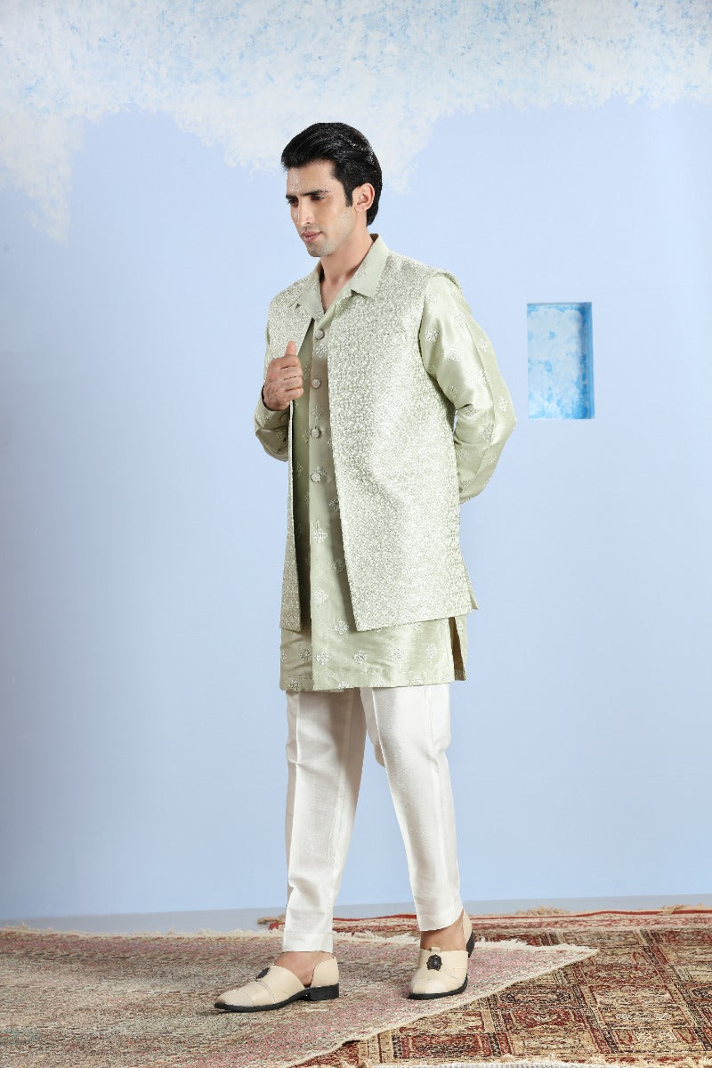 Pearl Olive Green Embroidered Collar Kurta Set With Bandi Jacket