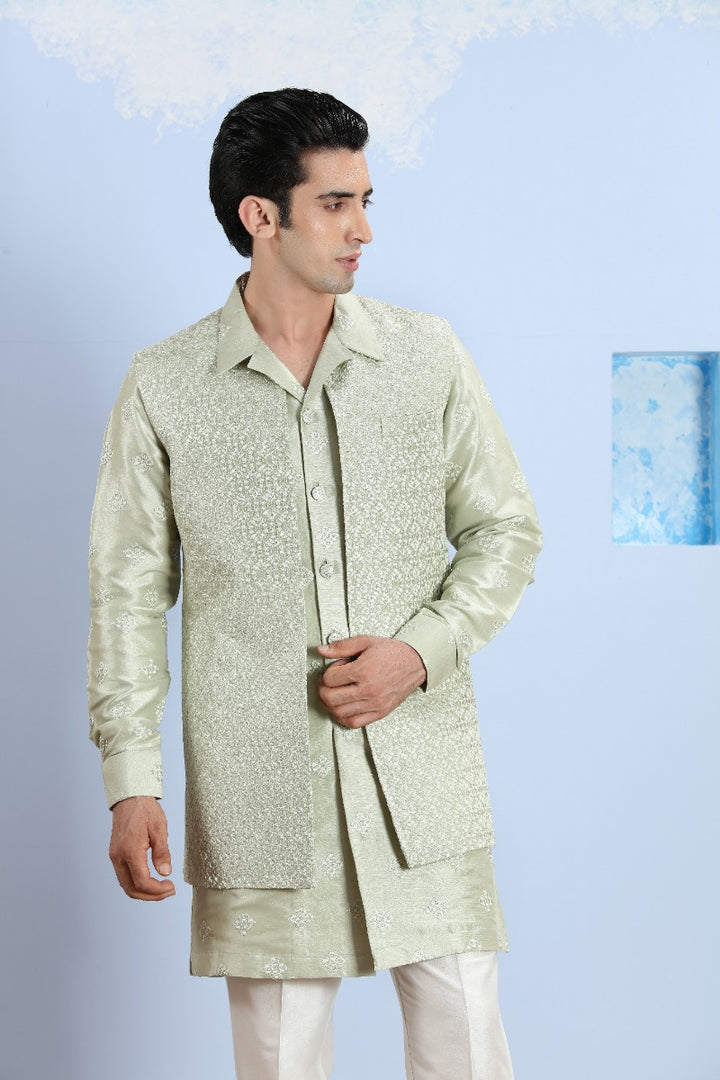 Pearl Olive Green Embroidered Collar Kurta Set With Bandi Jacket