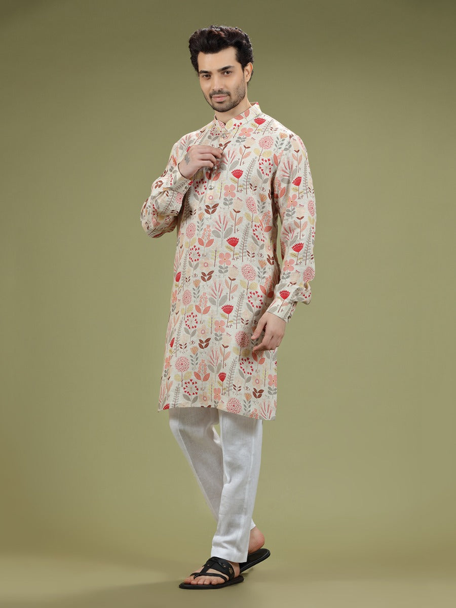 Floral Printed Linen Cotton Kurta Set