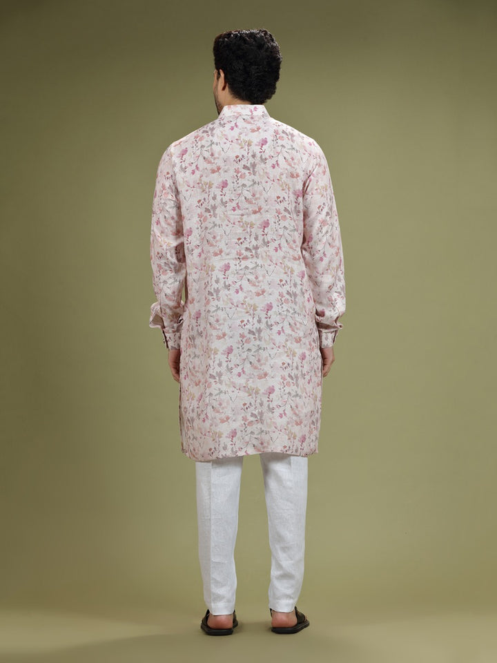 White And Pastel Pink Floral Printed Linen Kurta Set