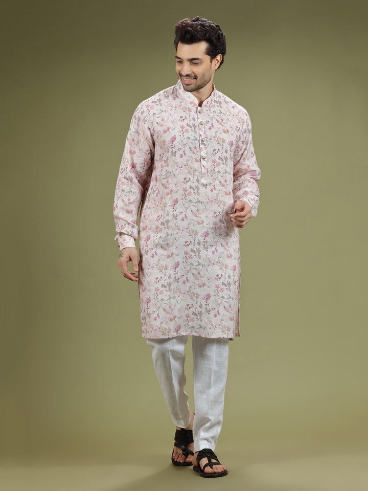 White And Pastel Pink Floral Printed Linen Kurta Set