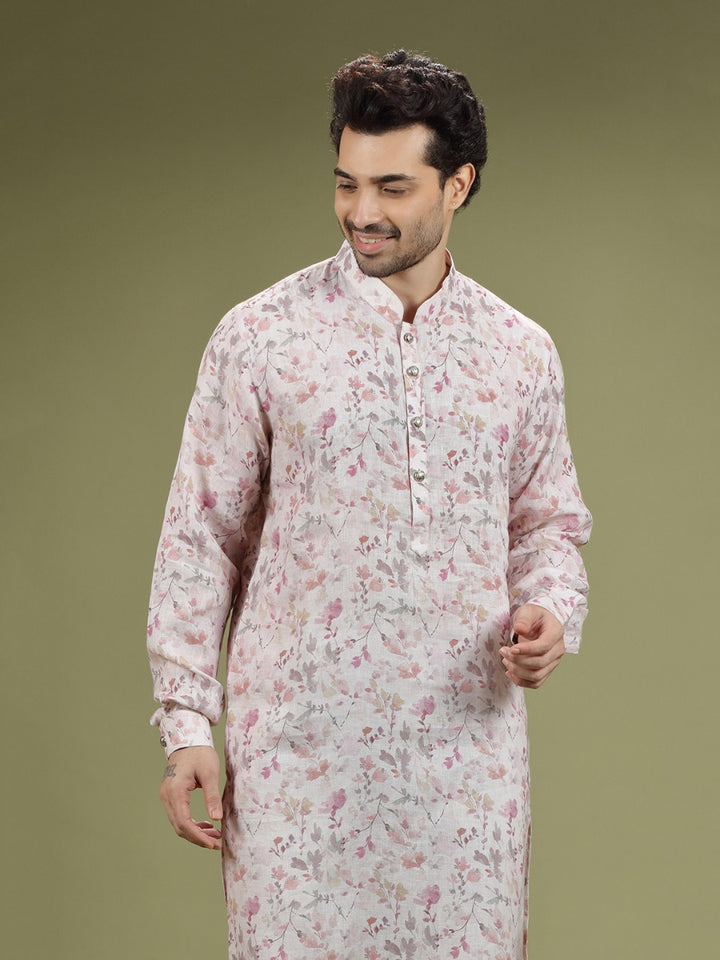 White And Pastel Pink Floral Printed Linen Kurta Set