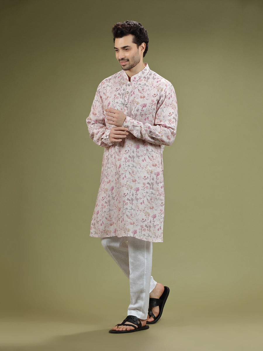 White And Pastel Pink Floral Printed Linen Kurta Set