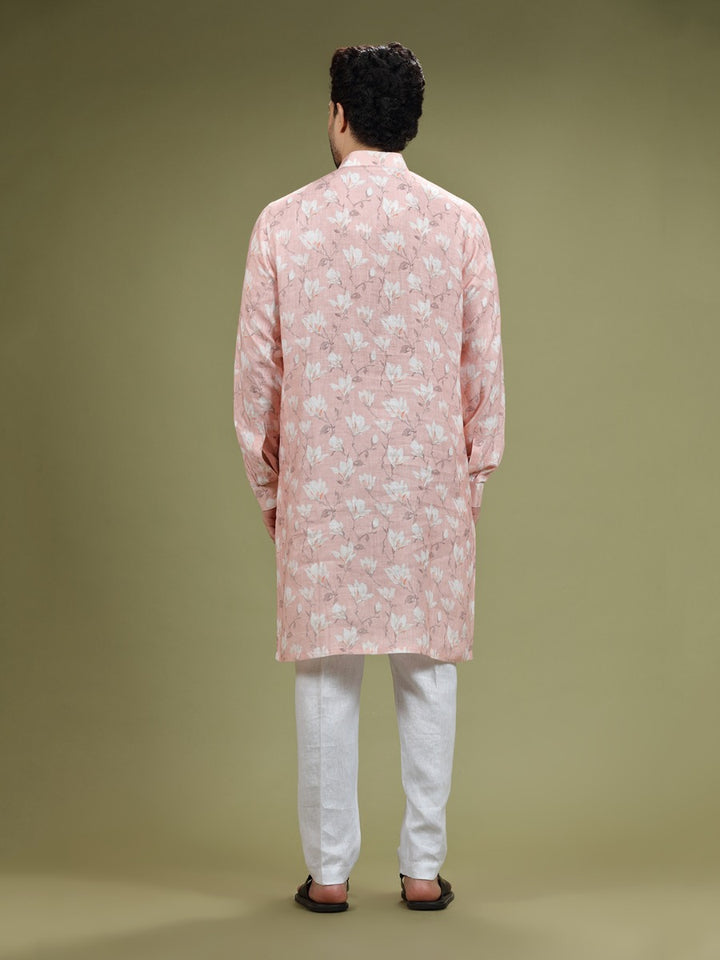 Salmon Peach Floral Printed Linen Kurta Set