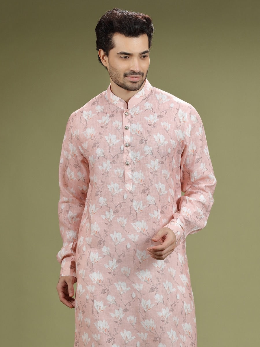 Salmon Peach Floral Printed Linen Kurta Set