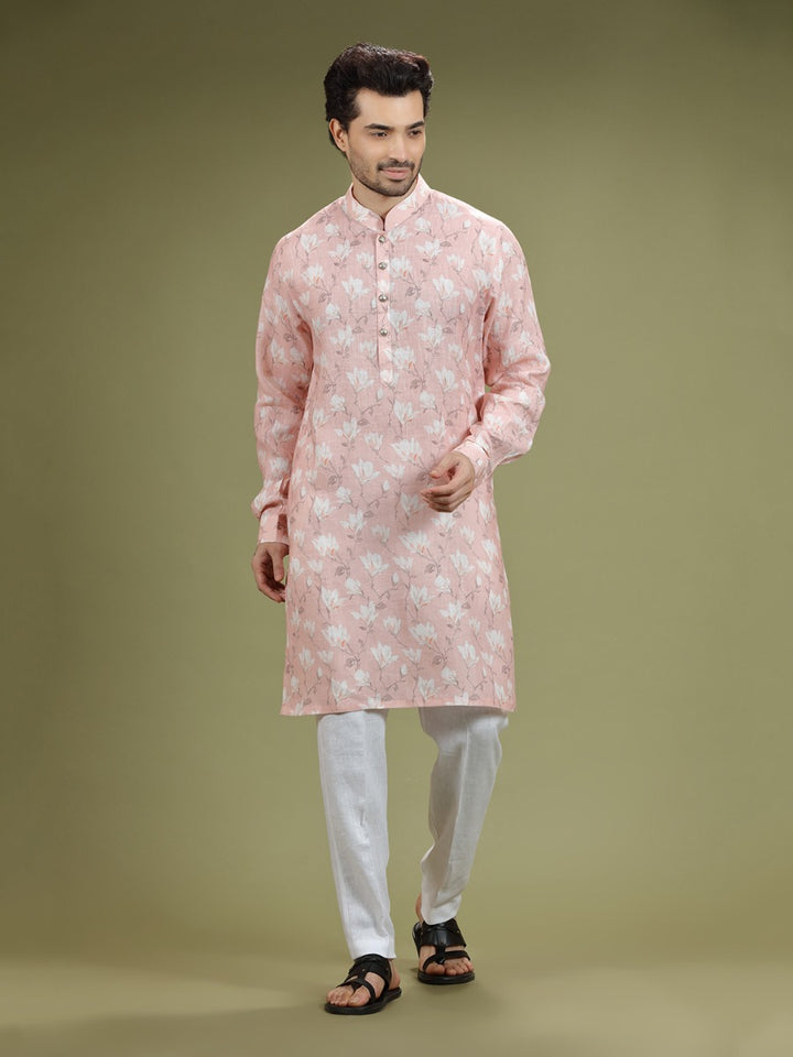 Salmon Peach Floral Printed Linen Kurta Set