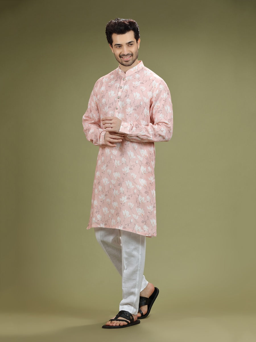 Salmon Peach Floral Printed Linen Kurta Set