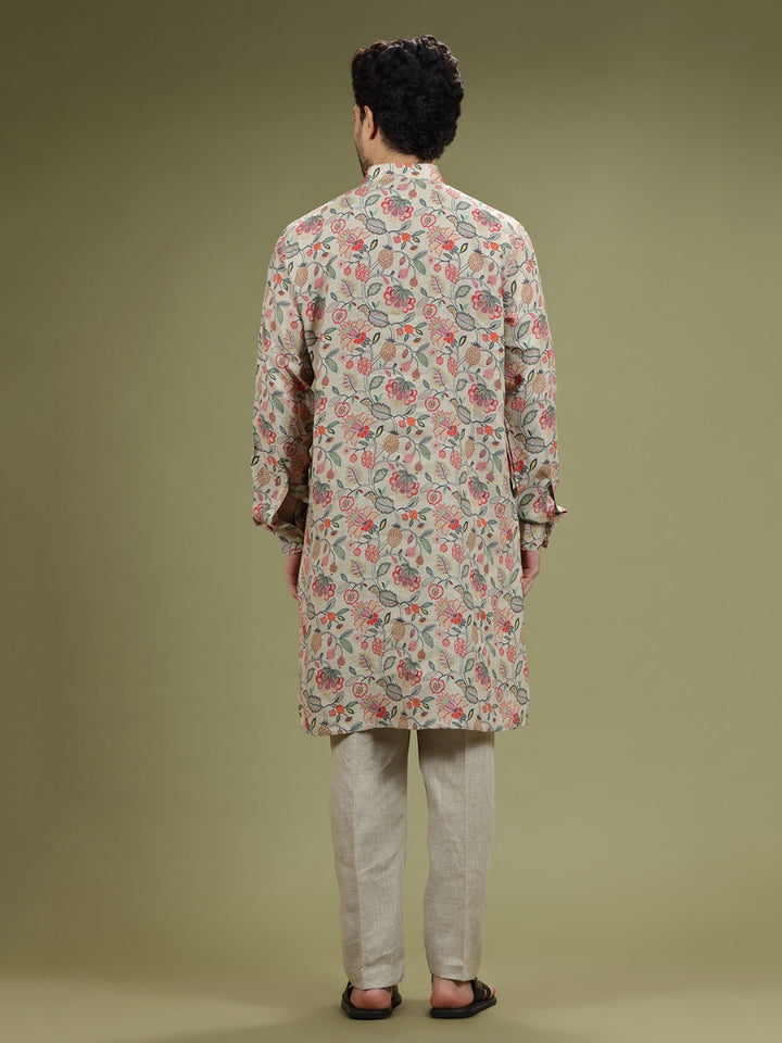 Natural Khaki Floral Printed Linen Kurta Set