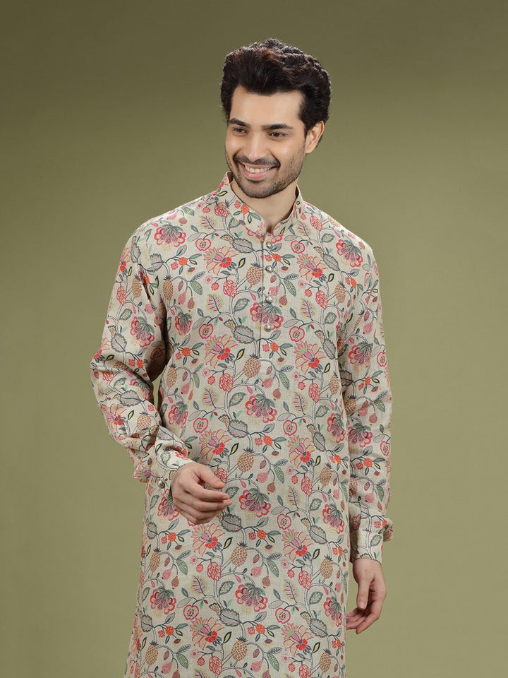 Natural Khaki Floral Printed Linen Kurta Set