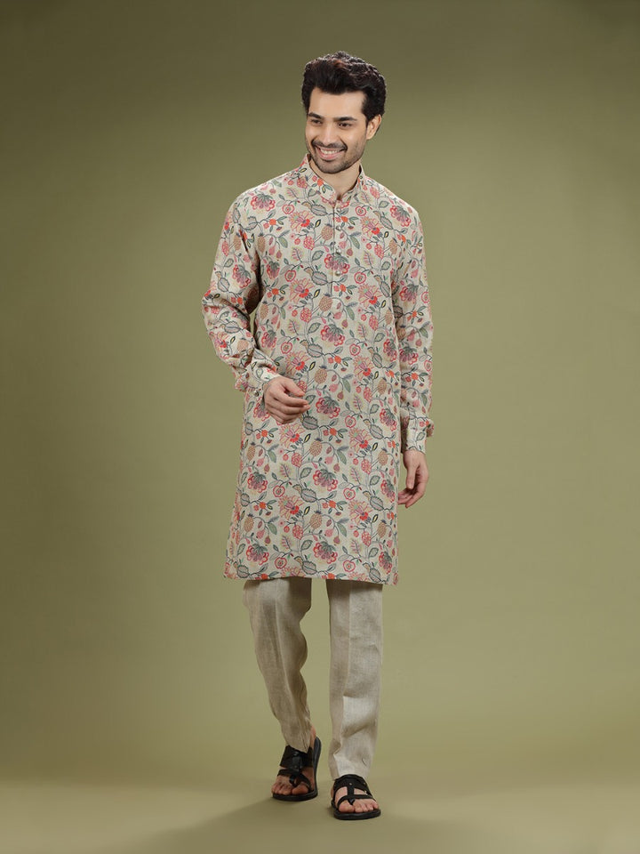 Natural Khaki Floral Printed Linen Kurta Set