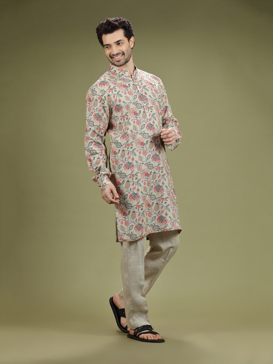 Natural Khaki Floral Printed Linen Kurta Set