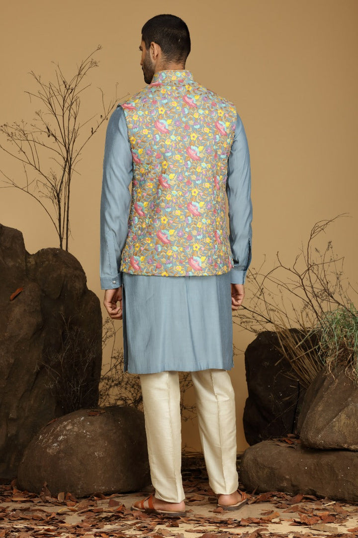 Flint Blueish Grey Kurta Set With Multicolor Embroidered Bundi Jacket