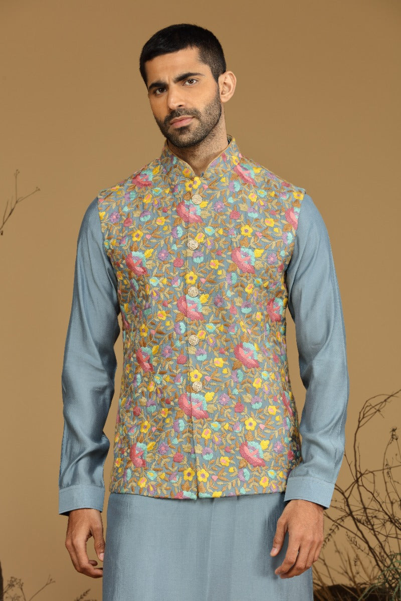 Flint Blueish Grey Kurta Set With Multicolor Embroidered Bundi Jacket