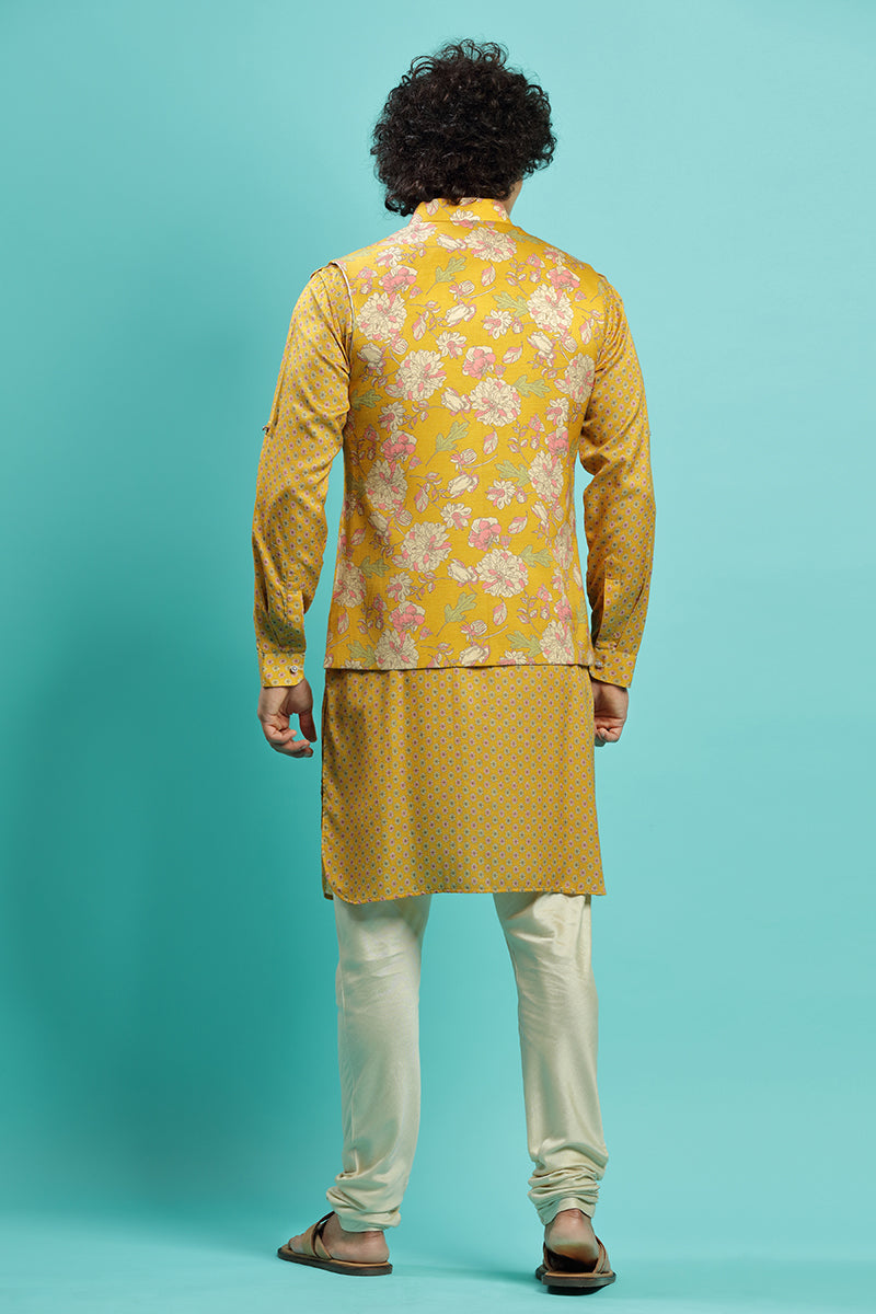 Sunny Yellow Blended Silk Kurta With Floral Bandi Jacket Set