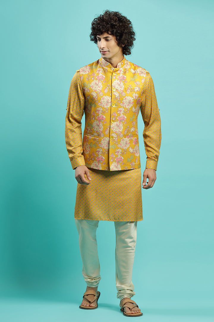 Sunny Yellow Blended Silk Kurta With Floral Bandi Jacket Set