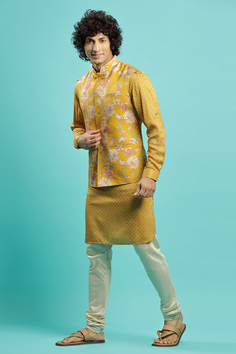 Sunny Yellow Blended Silk Kurta With Floral Bandi Jacket Set