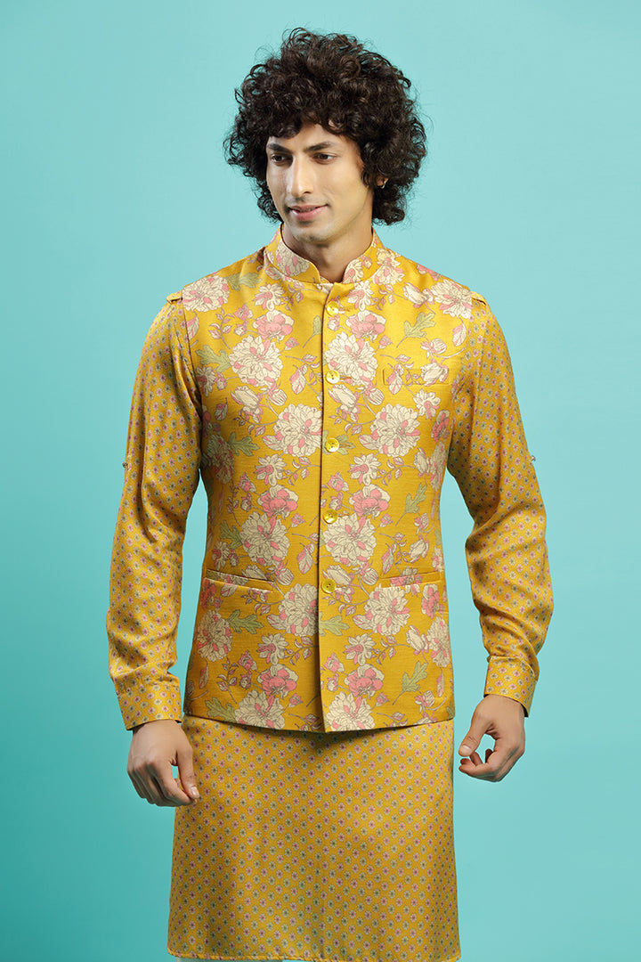 Sunny Yellow Blended Silk Kurta With Floral Bandi Jacket Set