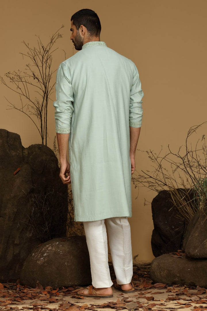 Sea-Green Festive Blended Silk Kurta Set