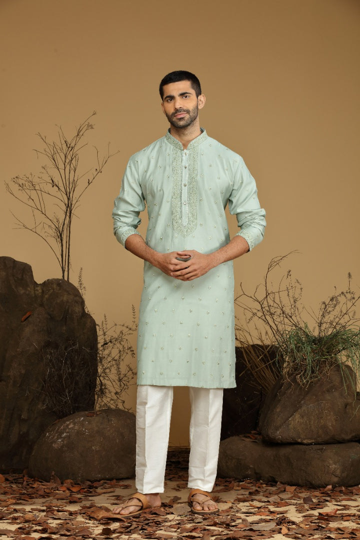 Sea-Green Festive Blended Silk Kurta Set