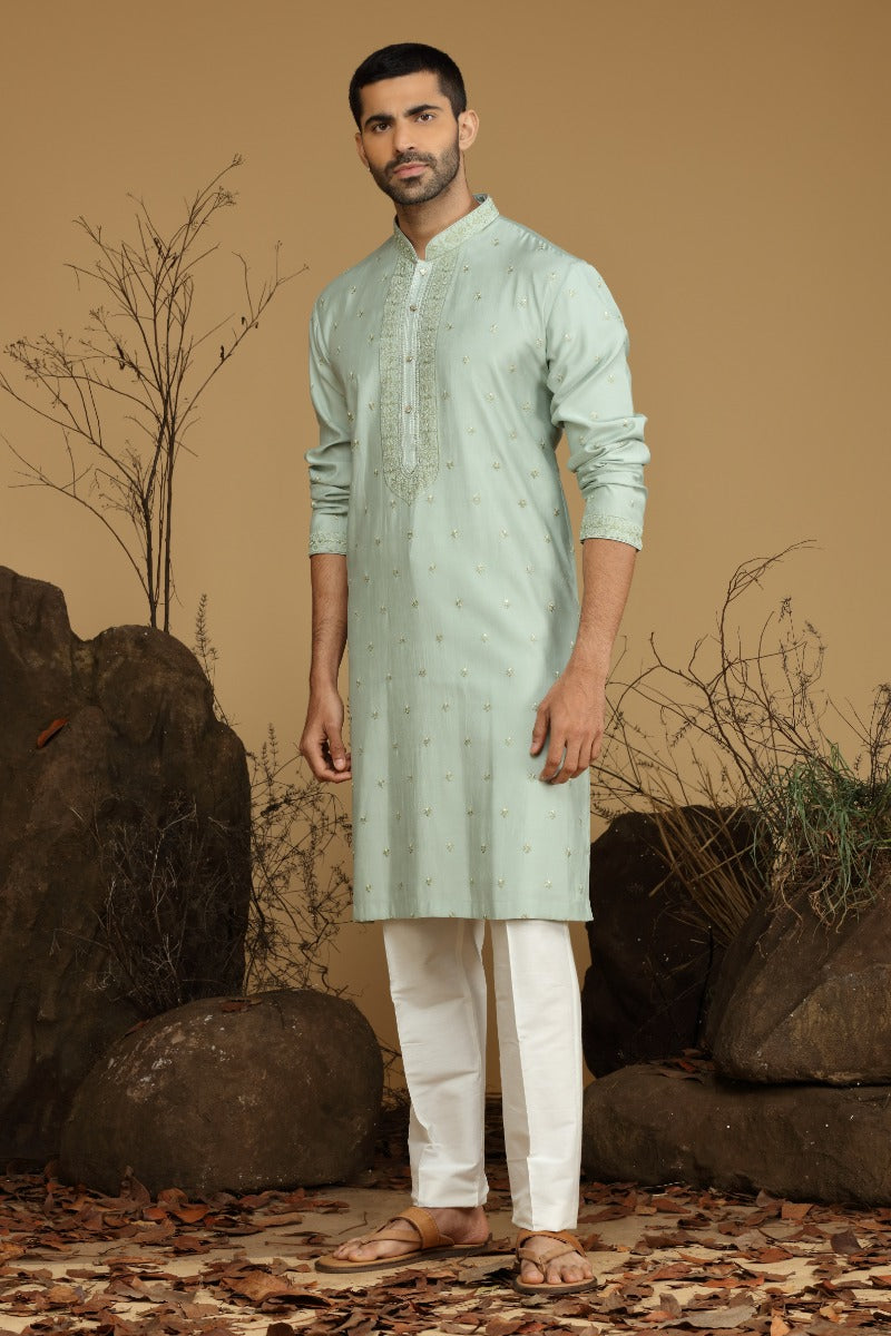 Sea-Green Festive Blended Silk Kurta Set