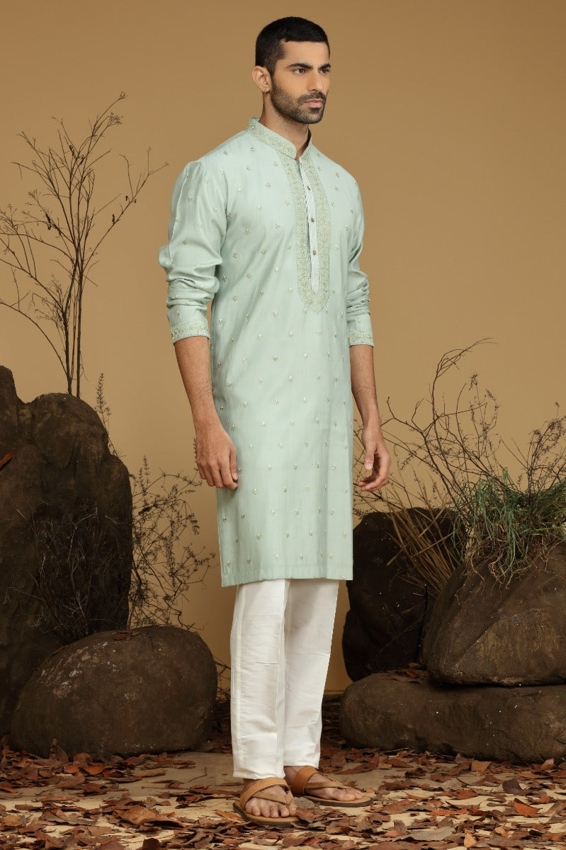 Sea-Green Festive Blended Silk Kurta Set