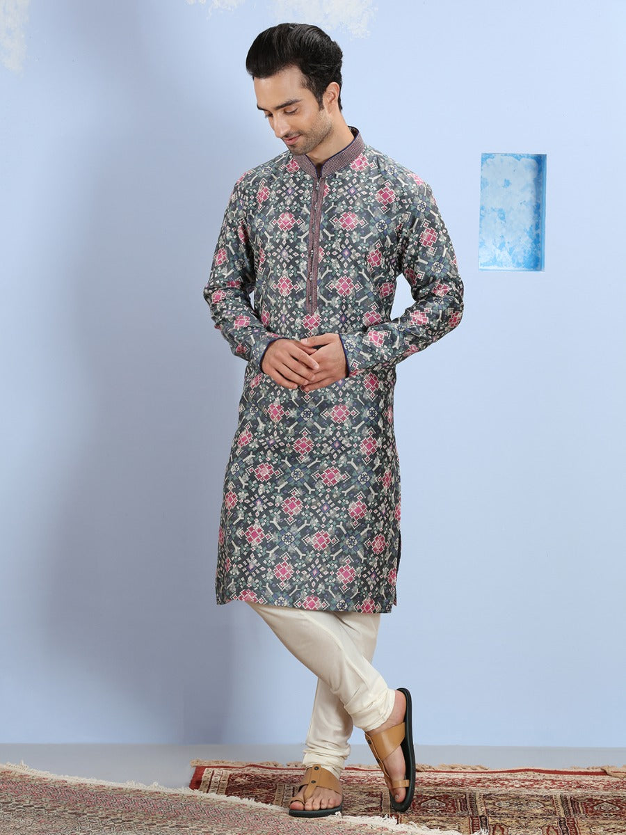 Dark Grey Patola Printed Kurta Set