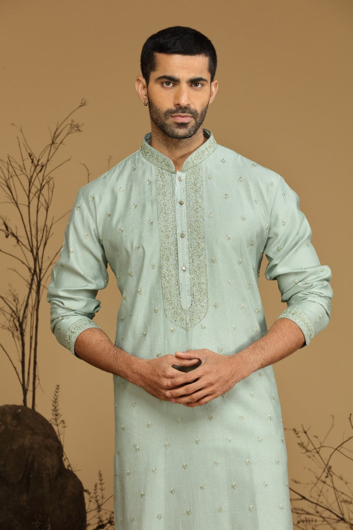 Sea-Green Festive Blended Silk Kurta Set