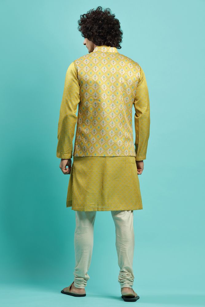 Vibrant Mustard Printed Kurta Bandi Jacket Set