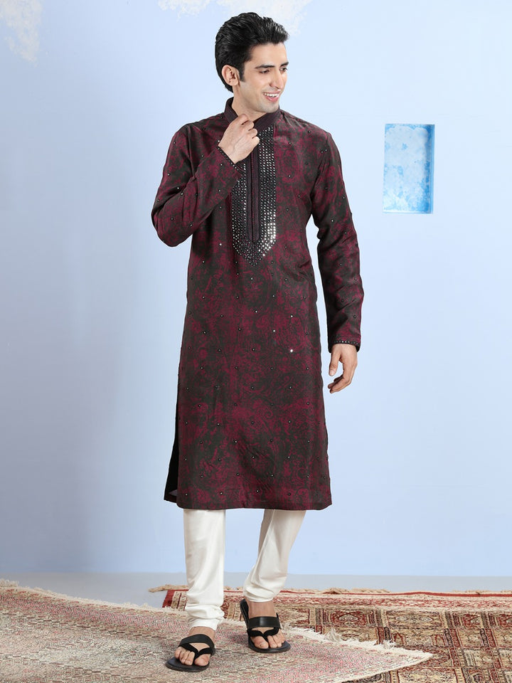 Black And Wine Tie & Dye Printed Kurta Set