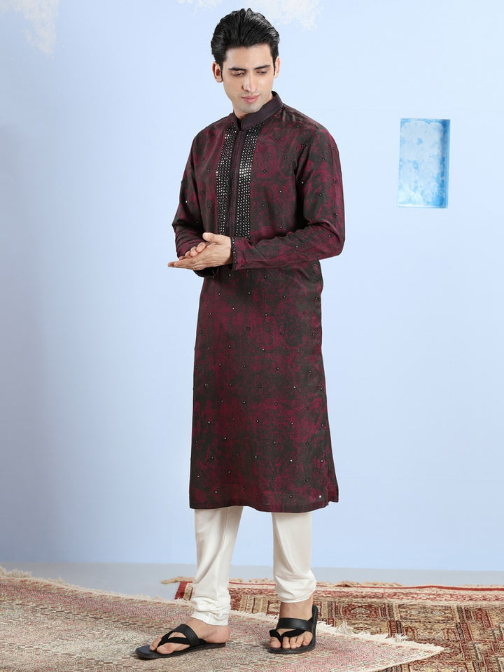 Black And Wine Tie & Dye Printed Kurta Set