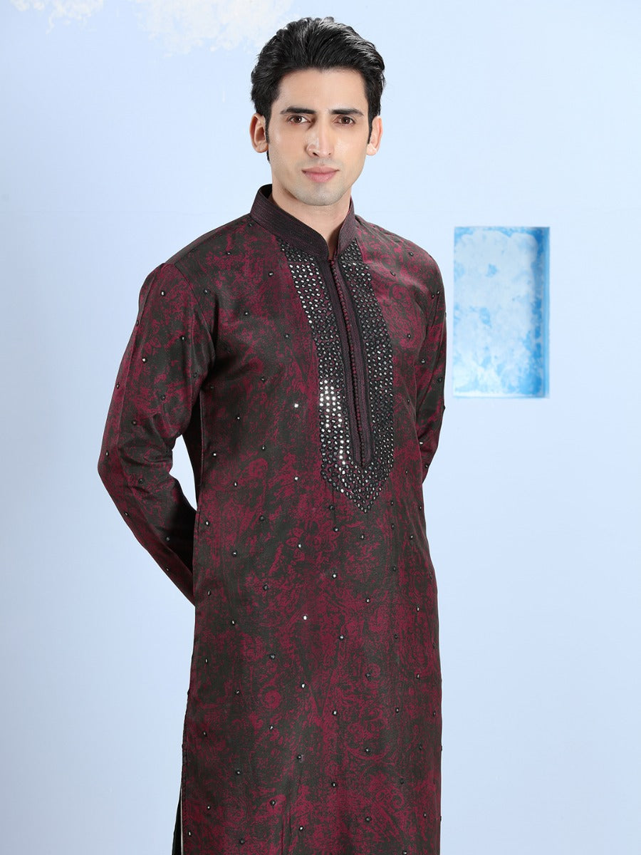 Black And Wine Tie & Dye Printed Kurta Set