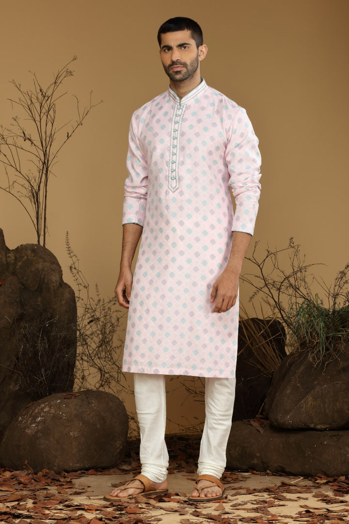 Pastel Pink Festive Kurta Pajama Set For Men