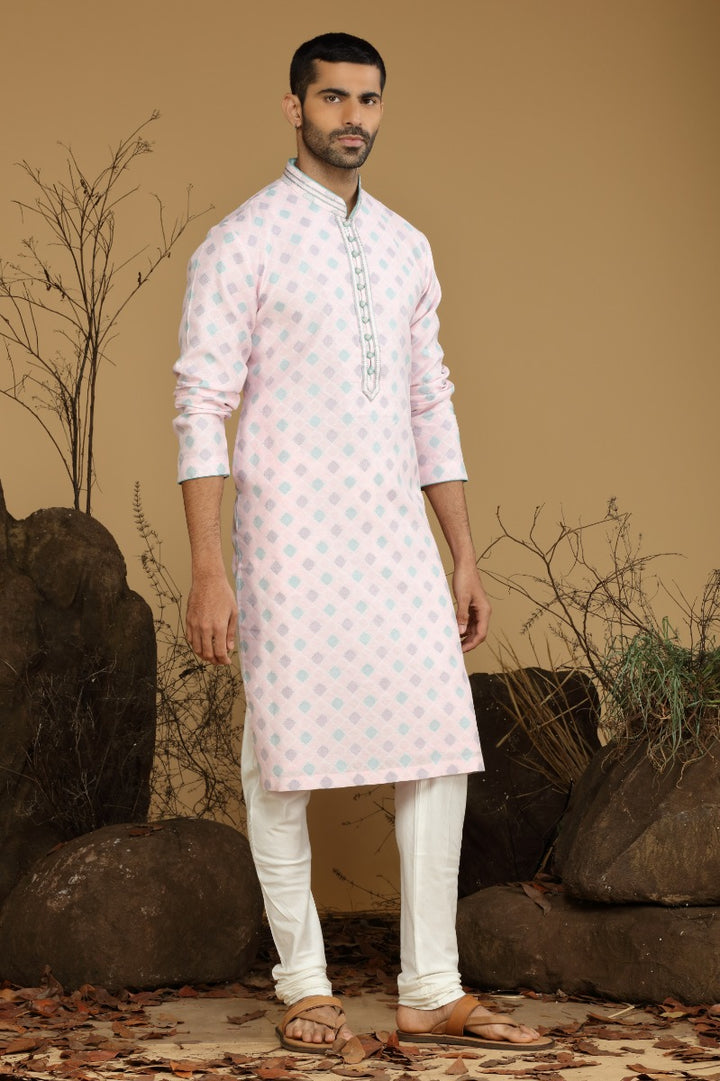 Pastel Pink Festive Kurta Pajama Set For Men