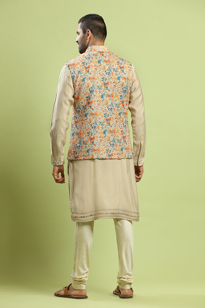 Pastel Khaki Kurta With Multicolor Floral Bandi Set