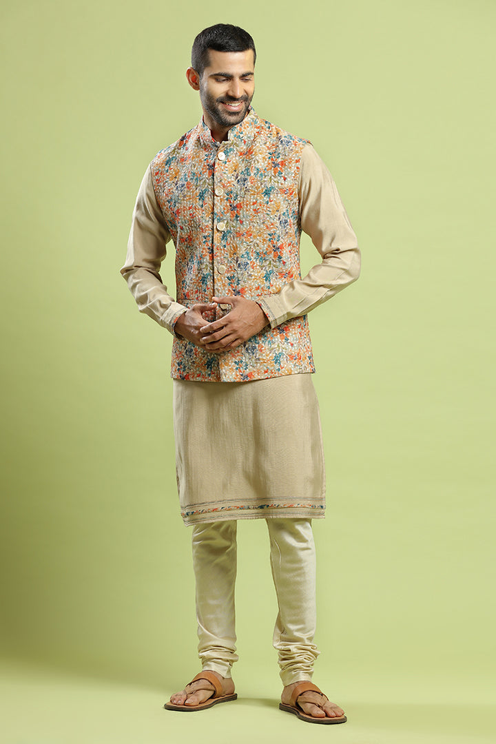 Pastel Khaki Kurta With Multicolor Floral Bandi Set