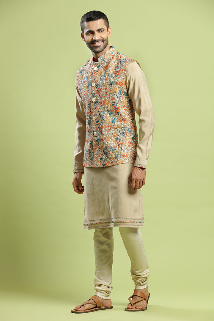 Pastel Khaki Kurta With Multicolor Floral Bandi Set