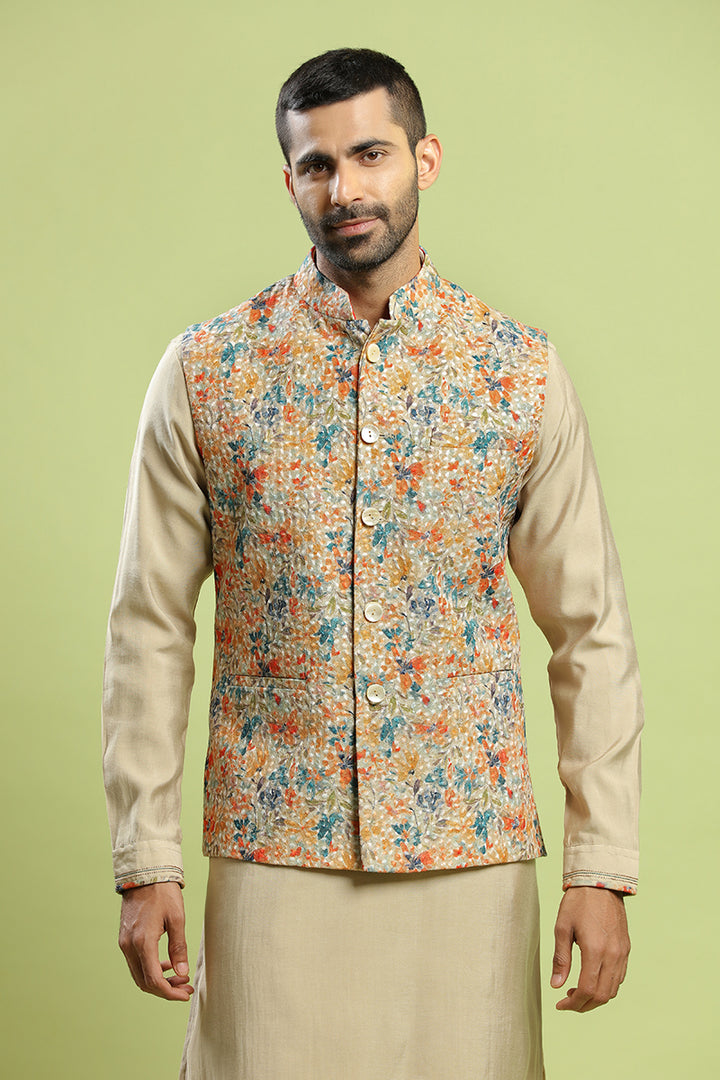 Pastel Khaki Kurta With Multicolor Floral Bandi Set