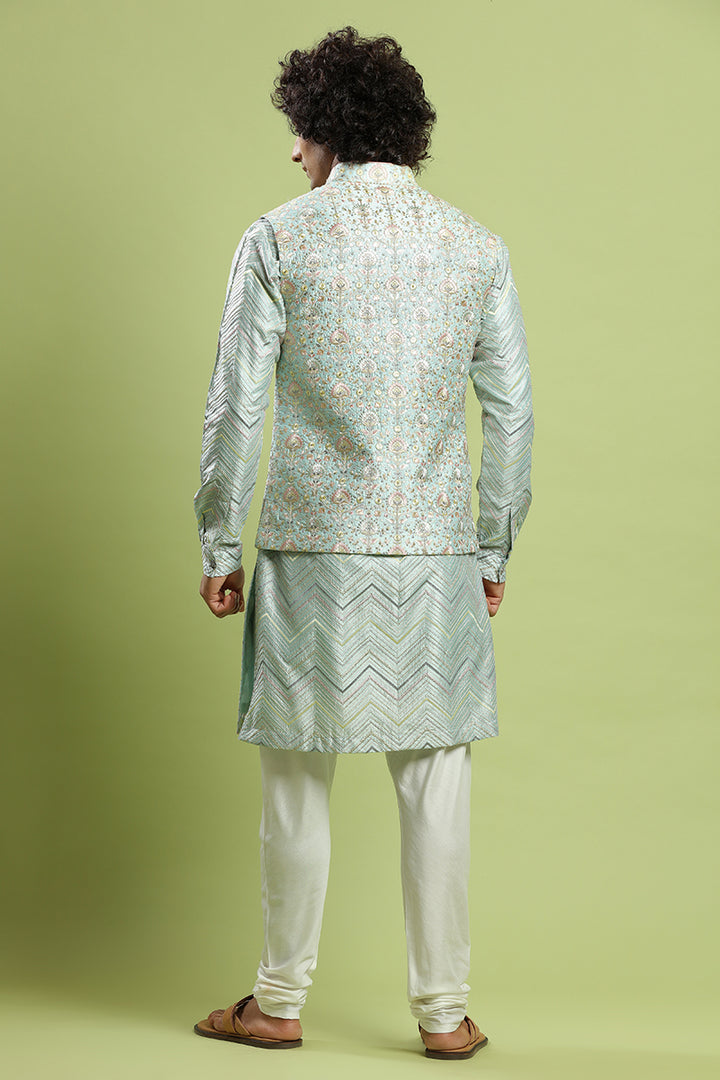 Pastel Ocean Green Resham Embroidered Kurta Bandi Set