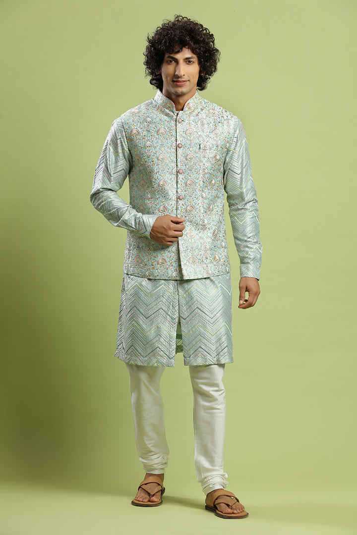 Pastel Ocean Green Resham Embroidered Kurta Bandi Set