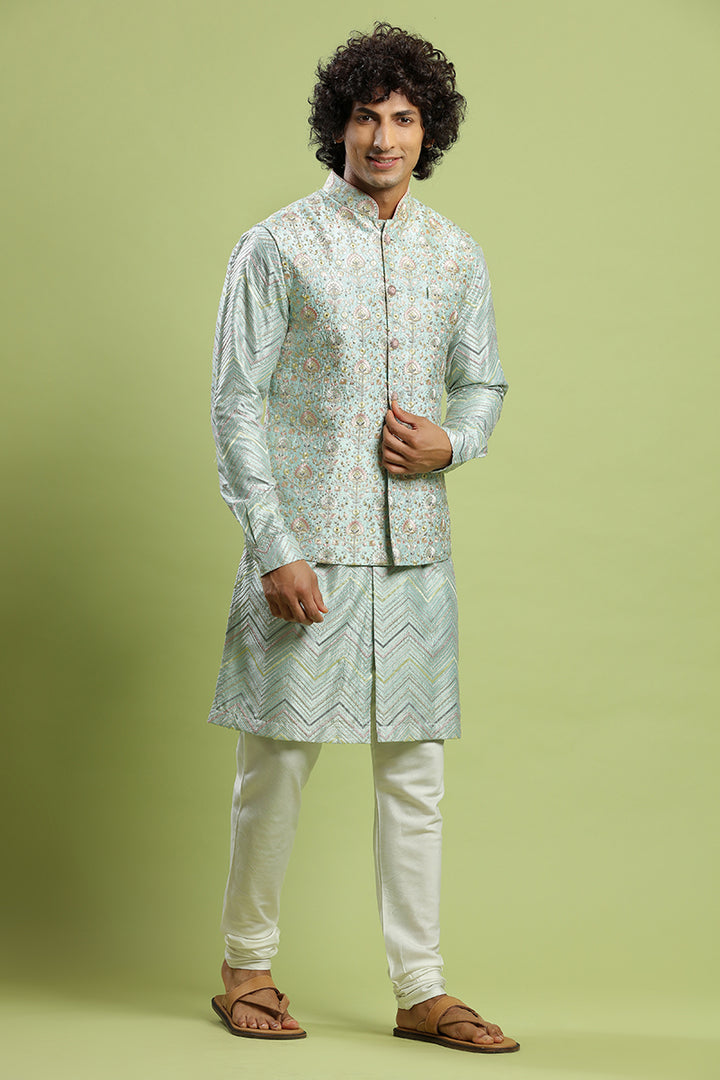 Pastel Ocean Green Resham Embroidered Kurta Bandi Set