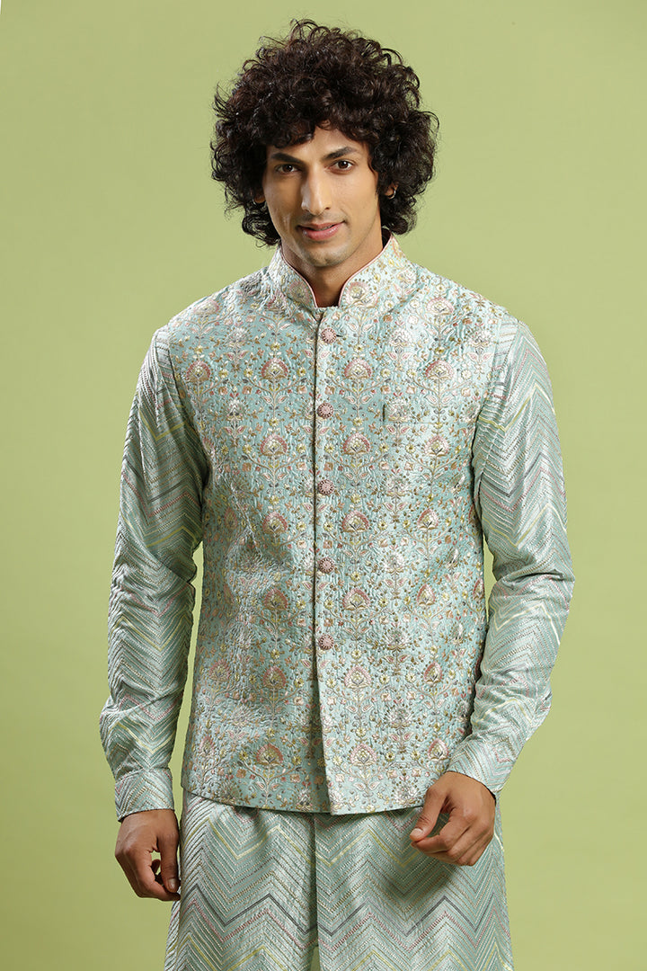 Pastel Ocean Green Resham Embroidered Kurta Bandi Set