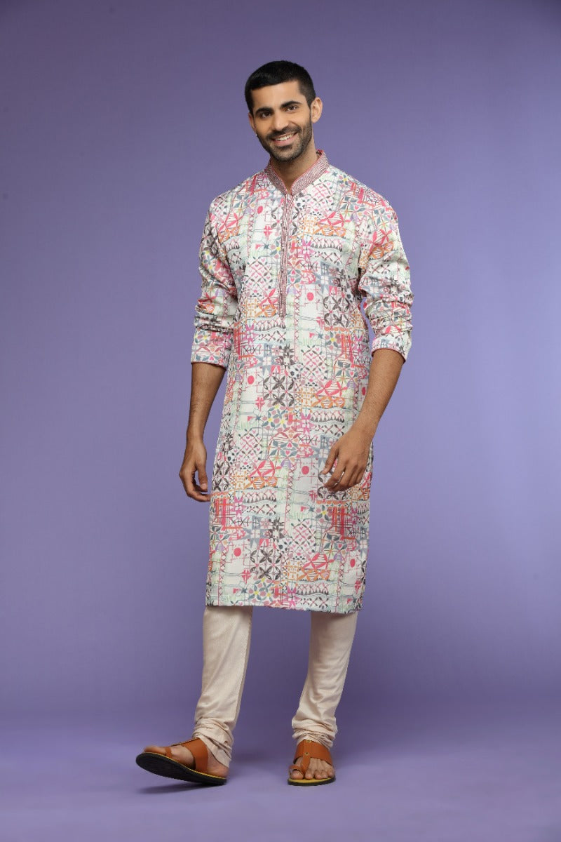 Multicolor Abstract Printed Blended Silk Kurta Set