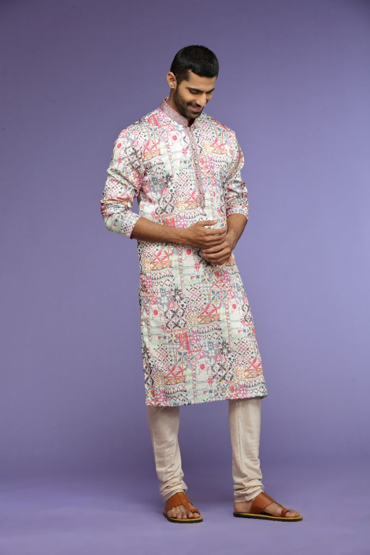 Multicolor Abstract Printed Blended Silk Kurta Set