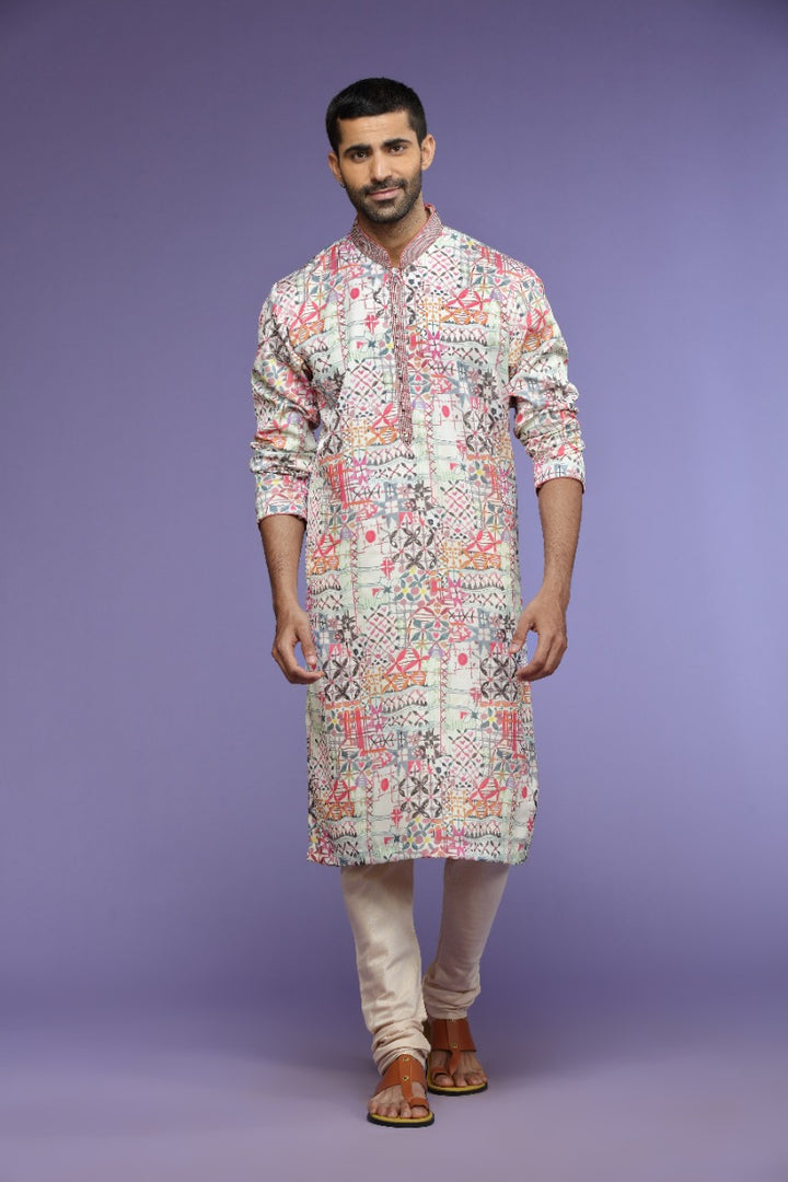 Multicolor Abstract Printed Blended Silk Kurta Set